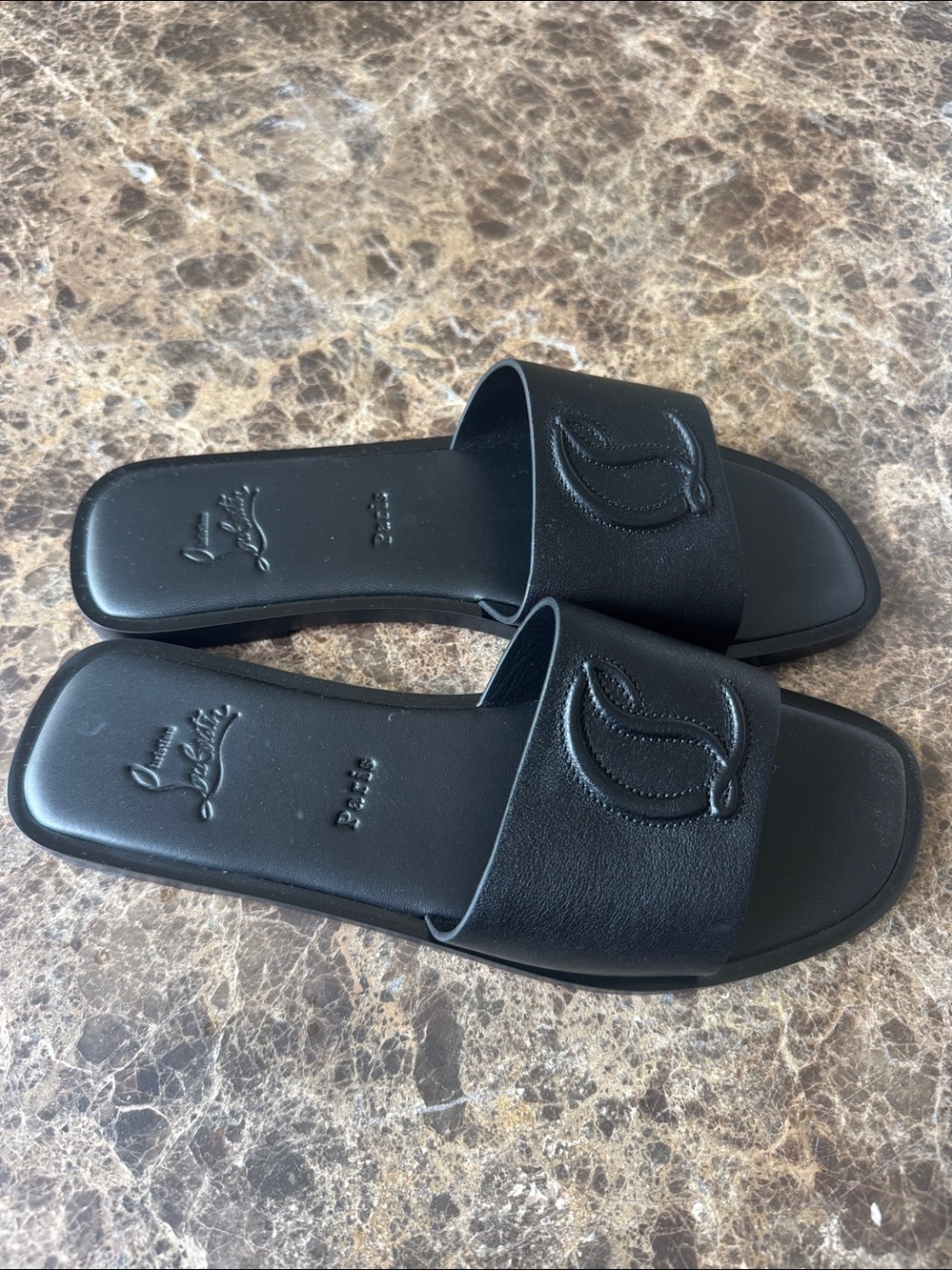 Christian Louboutin cl mule flat black leather logo sandal sz 38.5 - Picture 2 of 10